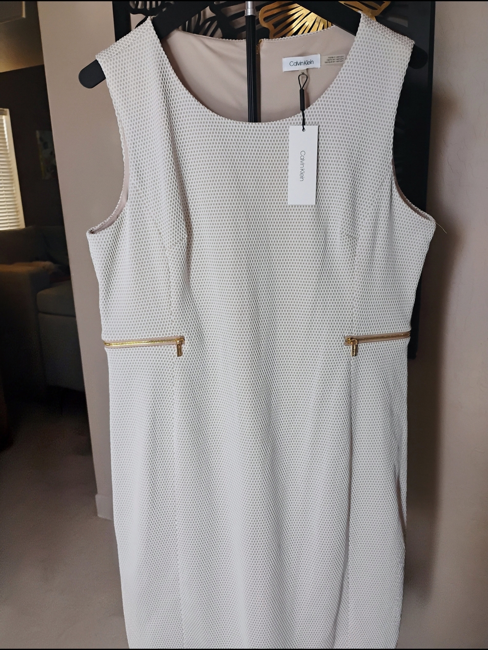 Calvin Klein Size 16 Cream Textured Sheath Dress with Gold Zipper Detail. NWT